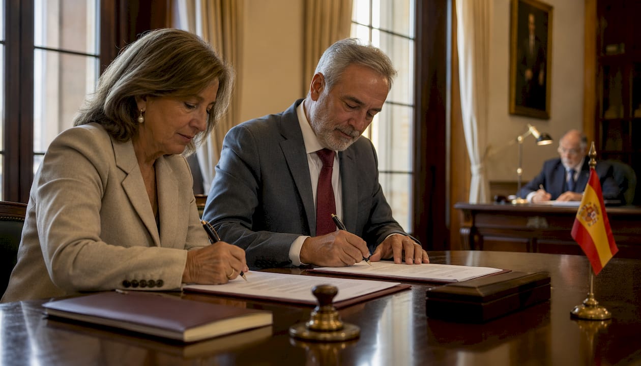 Una pareja formaliza la firma de la escritura pública en la notaría.