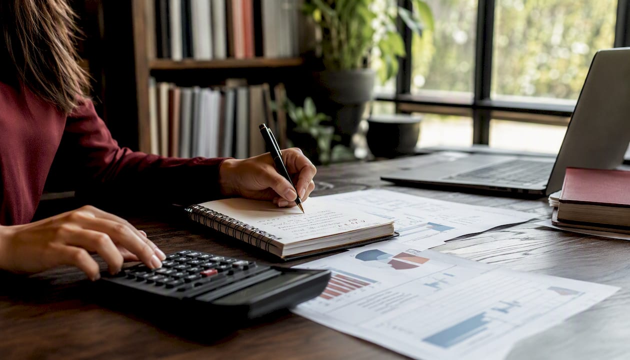 Personas revisando cuentas y anotando datos fiscales