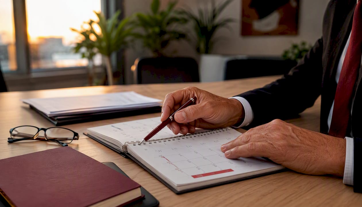 Manos revisando el calendario y comprobando la documentación del modelo 425