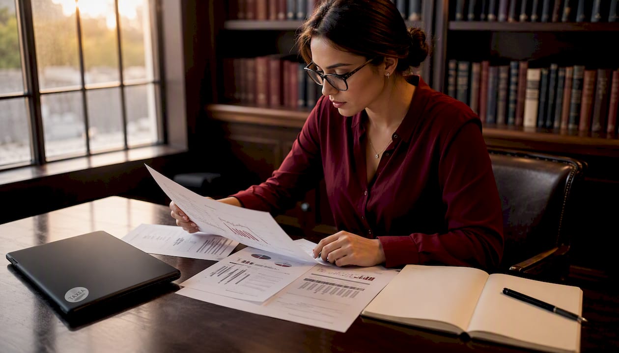Una mujer analiza papeles contables sentada en su escritorio.