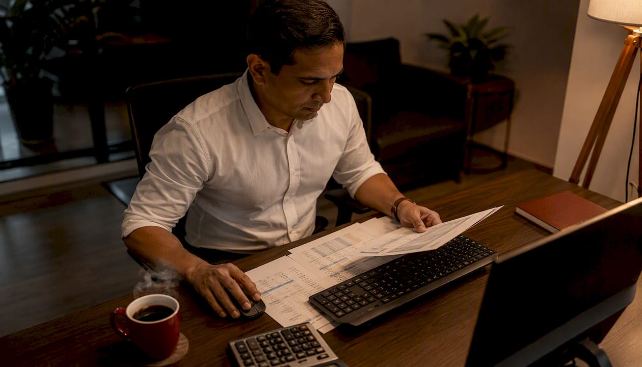Manos introduciendo datos en el ordenador mientras revisan facturas en papel