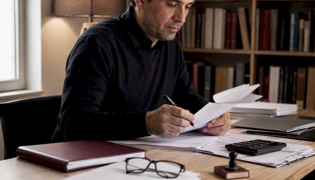 Una persona ordenando papeles fiscales sobre el escritorio