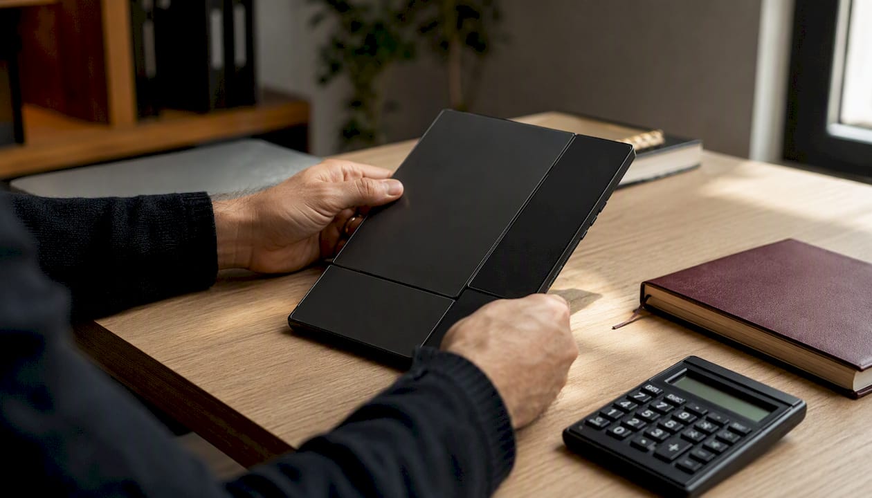Manos organizando materiales de contabilidad sobre el escritorio