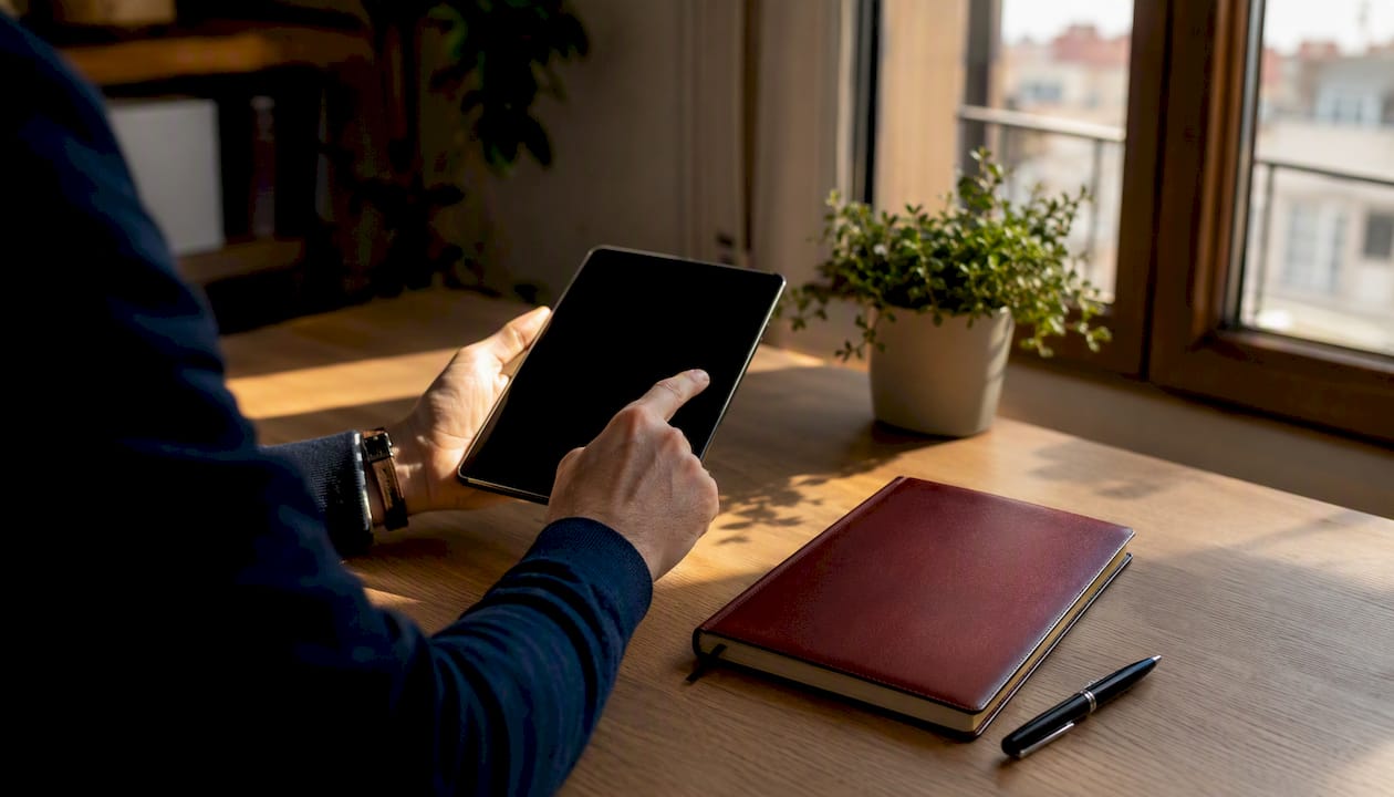 Una mano revisando facturas digitales sobre una tablet que está apagada
