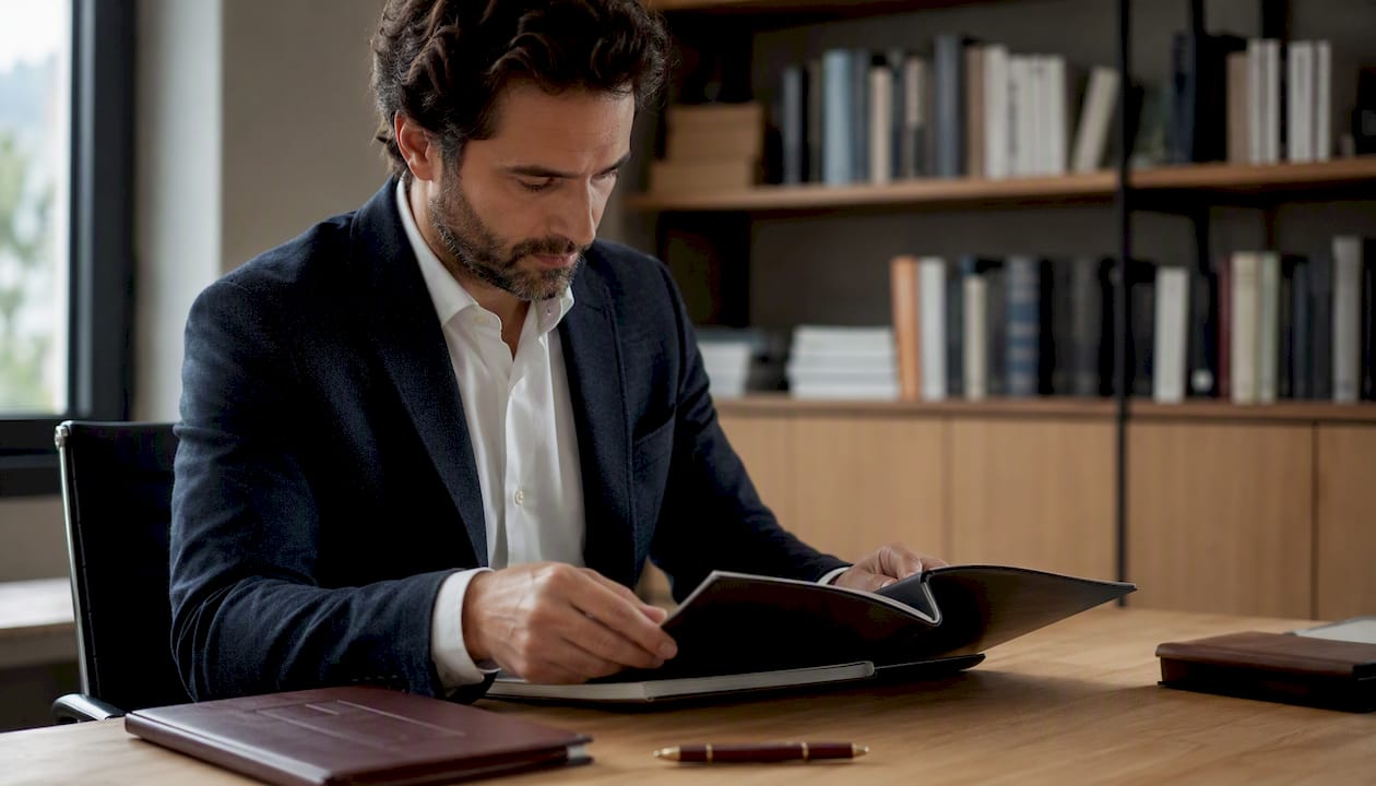 Unas manos examinan un libro de cuentas cerrado sobre la mesa.