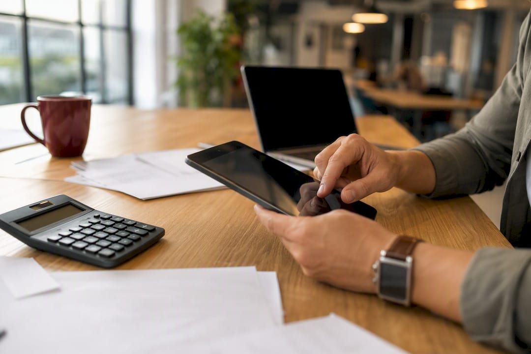 Manos revisando y preparando la declaración de impuestos de una empresa