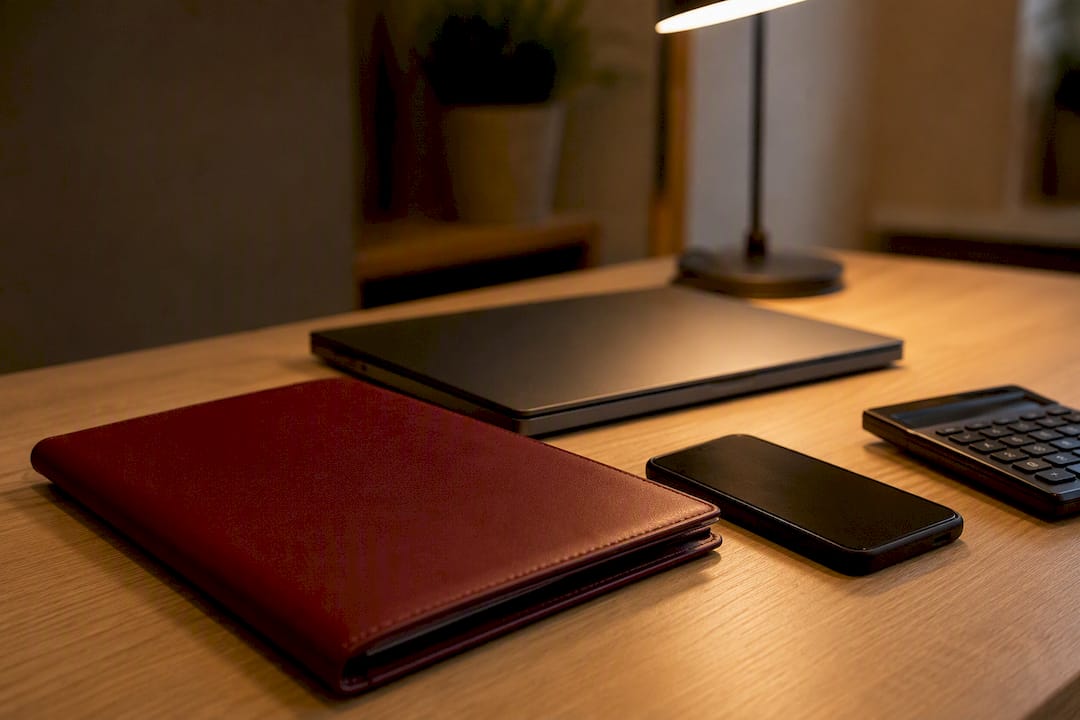 Escritorio bien organizado con una carpeta digital y una calculadora