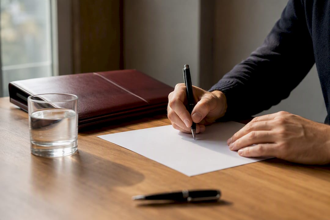 Manos firmando un documento sobre un escritorio de madera oscura