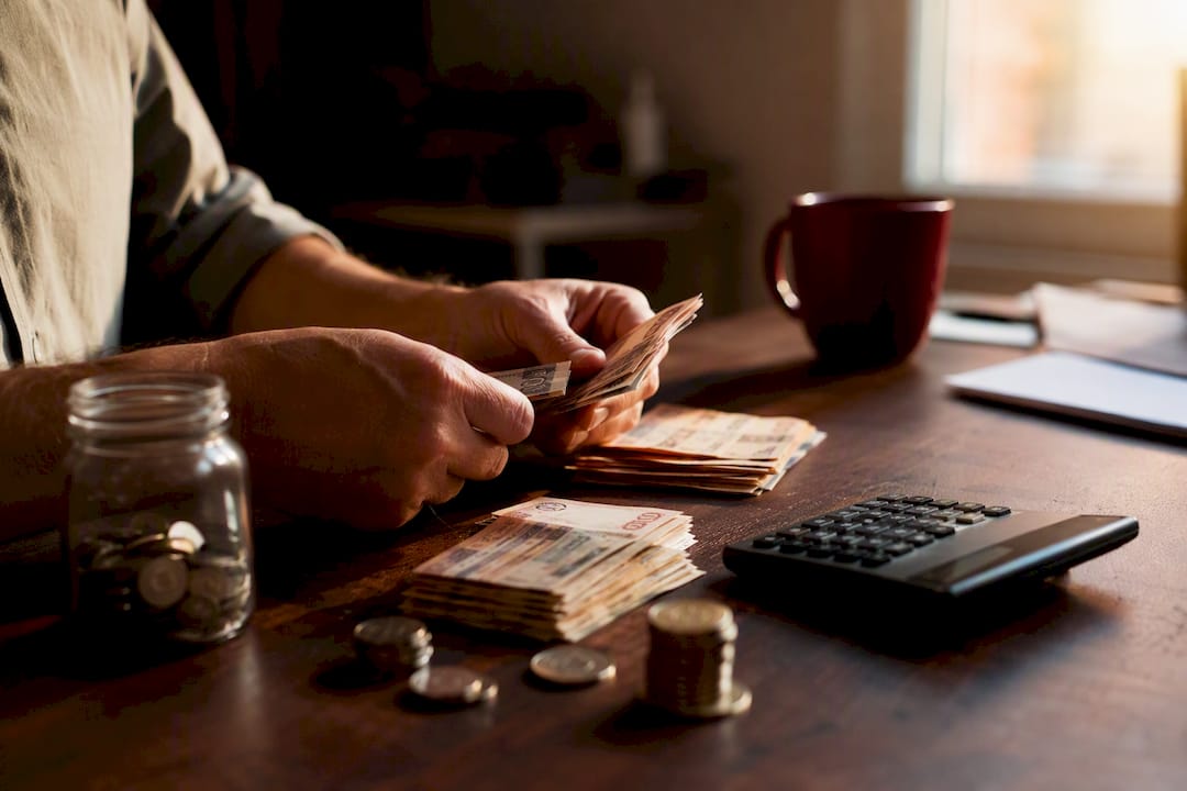 Manos contando dinero sobre el escritorio